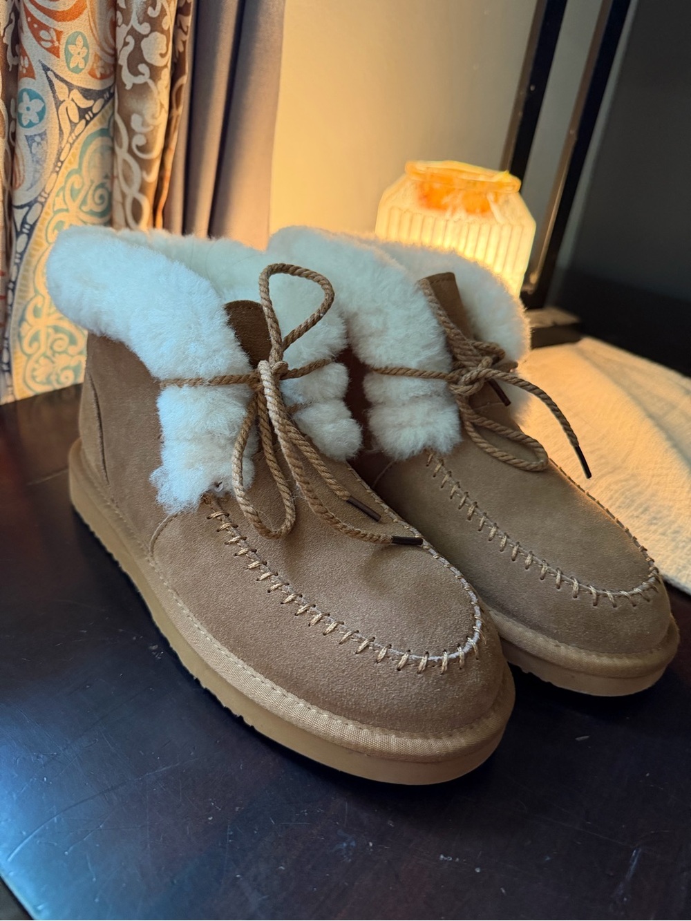 Lamo Tan Suede Shearling Moccasin Boots